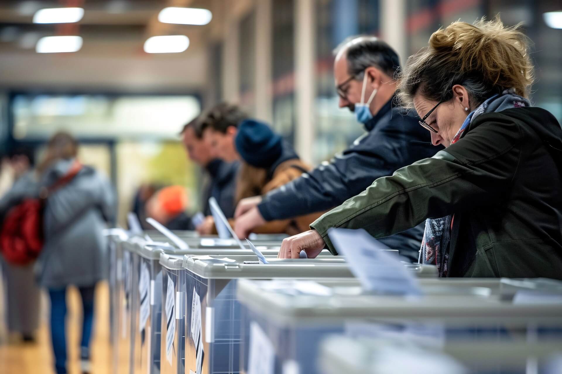 Des personnes qui place leurs bulletins de vote dans une urne.